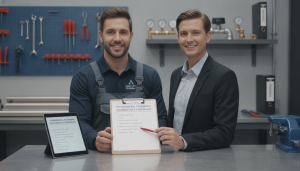 Youngsville Plumbing professional reviewing a commercial plumbing maintenance checklist